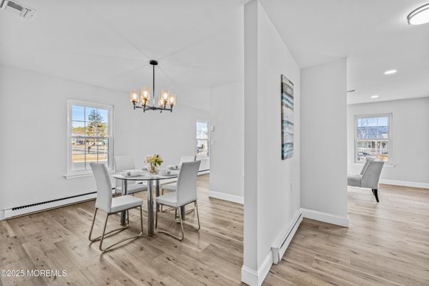 Chandelier, Dining room, Interior, Recessed Lighting, Wood Texture Flooring