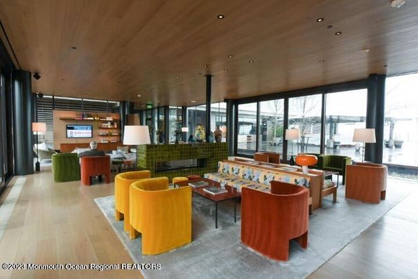 Dining room, Fireplace, Interior, Living room, Pendant Lights, Recessed Lighting, Wooden Ceilings, Wood Texture Flooring