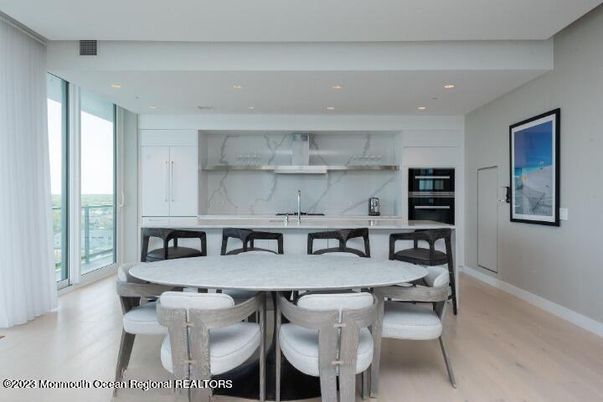 Dining room, Interior, Kitchen, Marble Walls, Recessed Lighting, Wood Texture Flooring