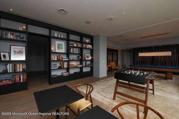 Billiard Table, Game Room, Interior, Pendant Lights, Recessed Lighting, Wood Texture Flooring