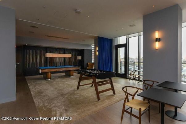 Billiard Table, Game Room, Interior, Pendant Lights, Recessed Lighting, Wood Texture Flooring