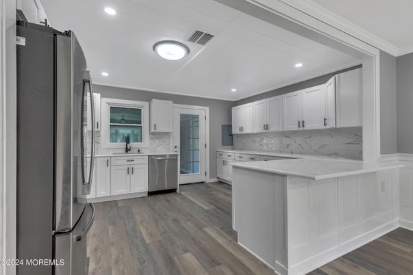 Interior, Kitchen, Recessed Lighting, Stainless Steel Appliances, Wood Texture Flooring