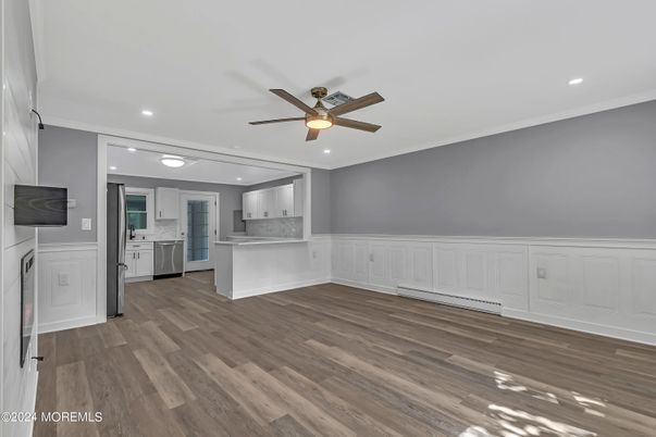 Empty room, Interior, Kitchen, Recessed Lighting, Wood Texture Flooring