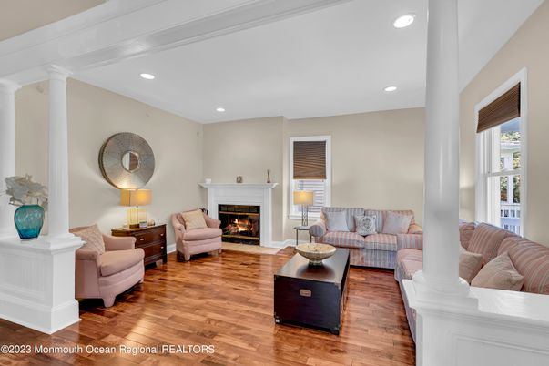 Fireplace, Interior, Living room, Recessed Lighting, Wood Texture Flooring