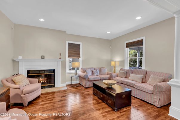 Fireplace, Interior, Living room, Recessed Lighting, Wood Texture Flooring