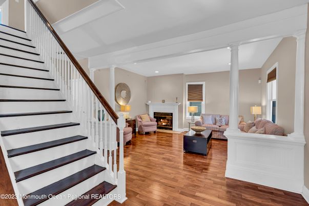 Fireplace, Interior, Living room, Recessed Lighting, Wood Texture Flooring