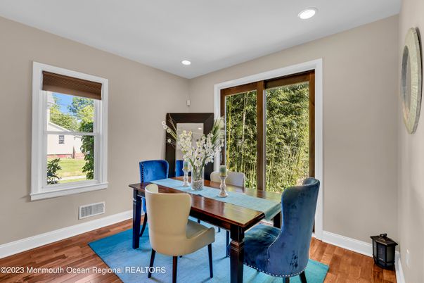 Dining room, Interior, Recessed Lighting, Wood Texture Flooring