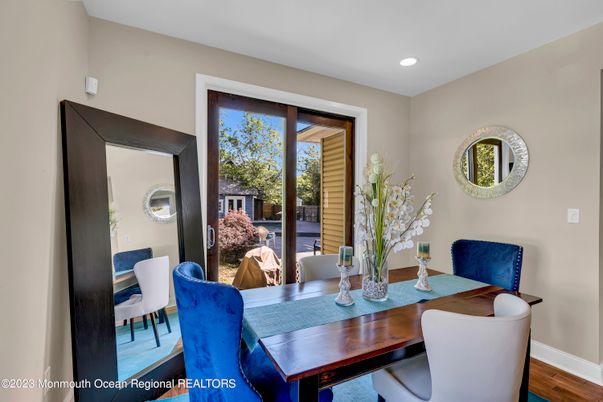 Dining room, Interior, Recessed Lighting, Wood Texture Flooring