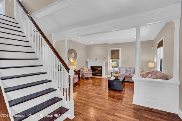 Fireplace, Interior, Living room, Recessed Lighting, Wood Texture Flooring