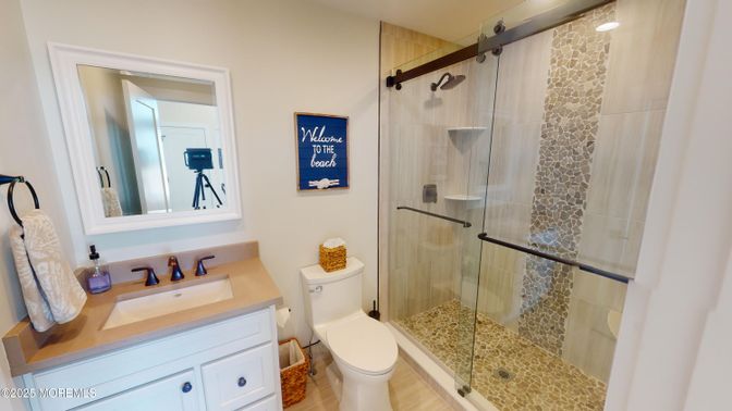 Bathroom, Glass Shower, Interior, Recessed Lighting, Wood Texture Flooring