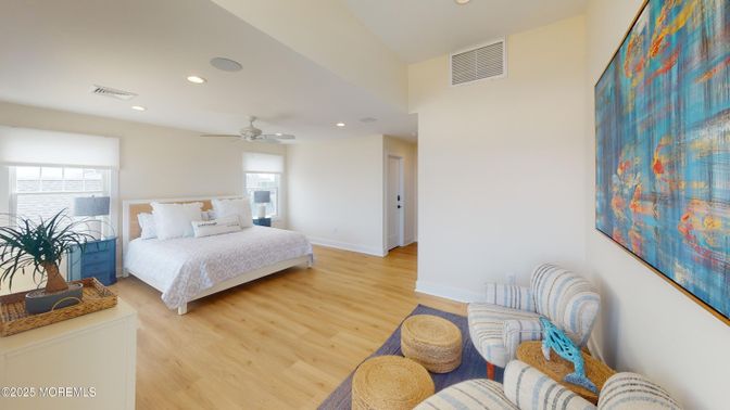 Bedroom, Interior, Recessed Lighting, Wood Texture Flooring