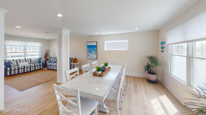 Dining room, Interior, Living room, Recessed Lighting, Wood Texture Flooring