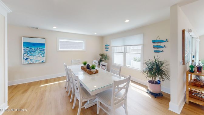Dining room, Interior, Recessed Lighting, Wood Texture Flooring