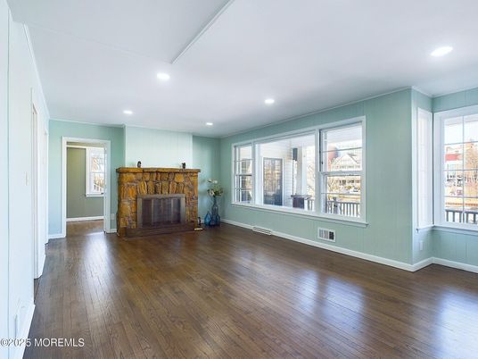 Empty room, Fireplace, Interior, Recessed Lighting, Wood Texture Flooring
