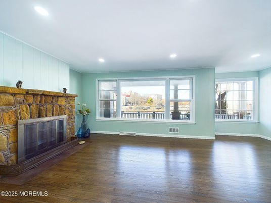 Empty room, Fireplace, Interior, Recessed Lighting, Wood Texture Flooring