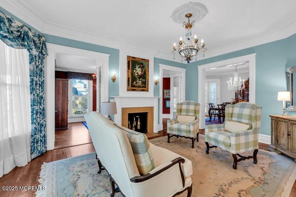 Chandelier, Dining room, Fireplace, Interior, Living room, Wood Texture Flooring
