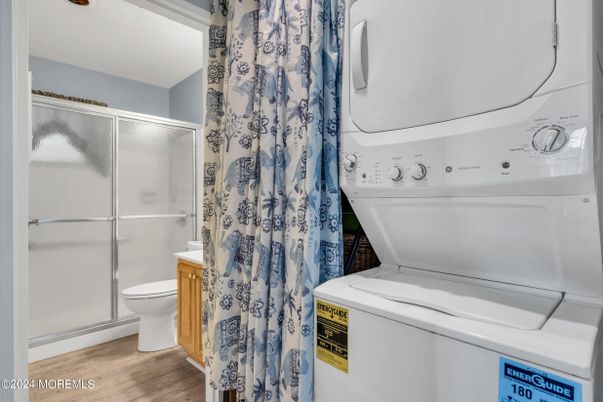 Bathroom, Glass Shower, Interior, Utility Closets, Washer, Wood Texture Flooring