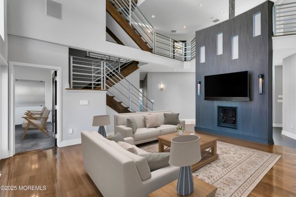 Fireplace, Interior, Living room, Recessed Lighting, Wood Texture Flooring