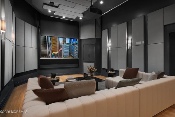 Interior, Projection Screen, Recessed Lighting, Theatre Room, Wood Texture Flooring