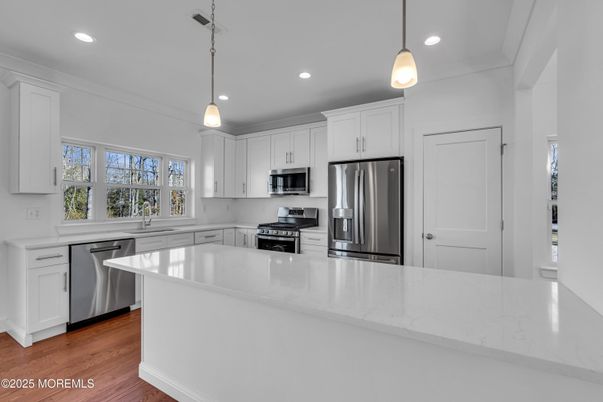 Interior, Kitchen, Pendant Lights, Recessed Lighting, Stainless Steel Appliances, Wood Texture Flooring