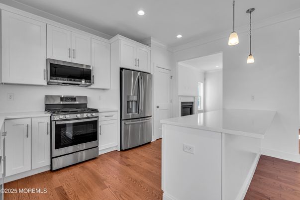Interior, Kitchen, Pendant Lights, Recessed Lighting, Stainless Steel Appliances, Wood Texture Flooring