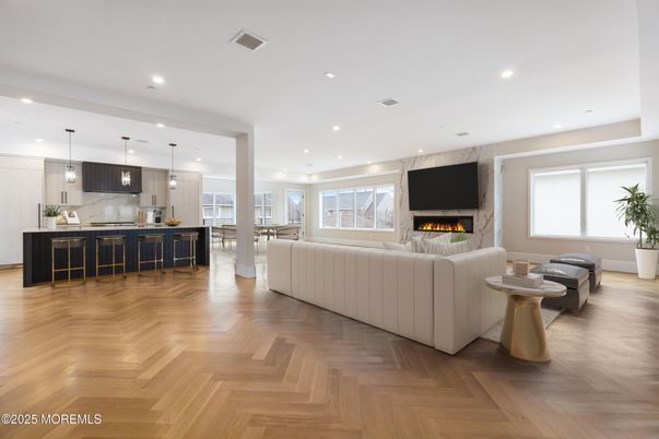 Dining room, Fireplace, Interior, Kitchen, Living room, Marble Walls, Pendant Lights, Recessed Lighting, Wood Texture Flooring