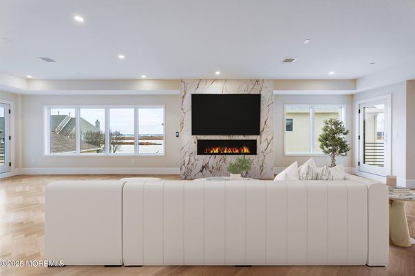 Fireplace, Interior, Living room, Marble Walls, Recessed Lighting, Wood Texture Flooring