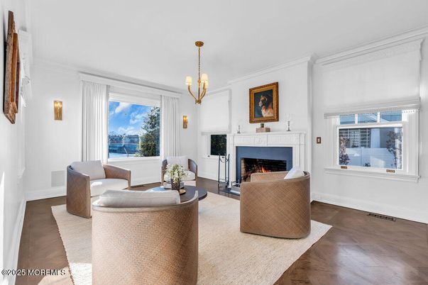 Fireplace, Interior, Living room, Pendant Lights, Wood Texture Flooring