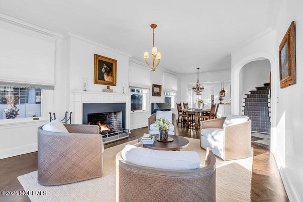 Chandelier, Dining room, Fireplace, Interior, Living room, Pendant Lights, Wood Texture Flooring