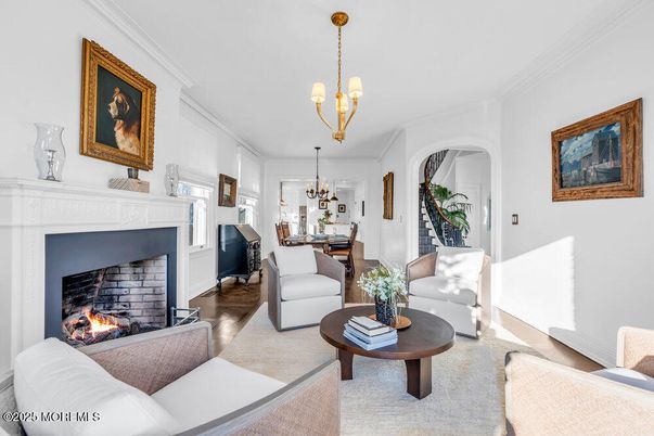 Chandelier, Dining room, Fireplace, Interior, Living room, Wood Texture Flooring