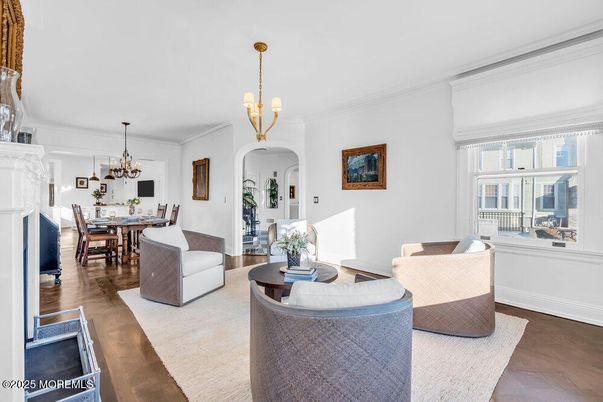 Chandelier, Dining room, Fireplace, Interior, Living room, Pendant Lights, Wood Texture Flooring
