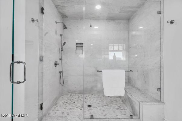 Bathroom, Glass Shower, Interior, Marble Walls, Recessed Lighting