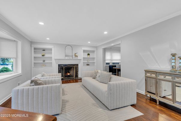 Fireplace, Interior, Living room, Recessed Lighting, Wood Texture Flooring