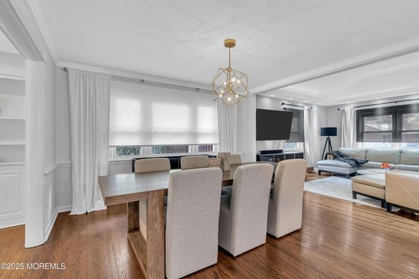Dining room, Interior, Living room, Pendant Lights, Wood Texture Flooring