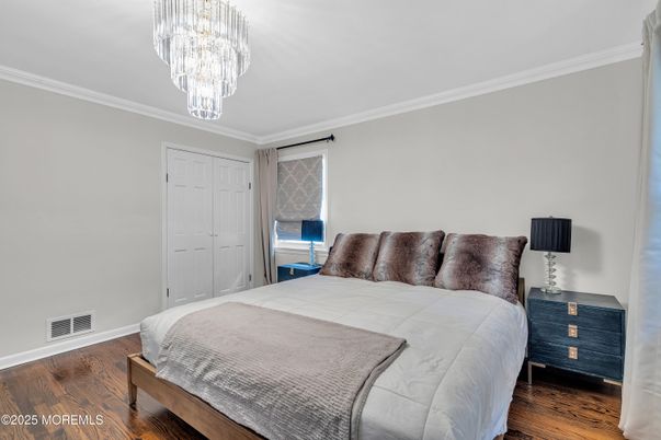 Bedroom, Chandelier, Interior, Wood Texture Flooring
