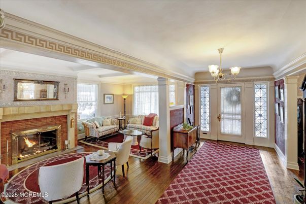 Chandelier, Fireplace, Interior, Living room, Wood Texture Flooring