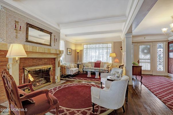 Chandelier, Fireplace, Interior, Living room, Wood Texture Flooring