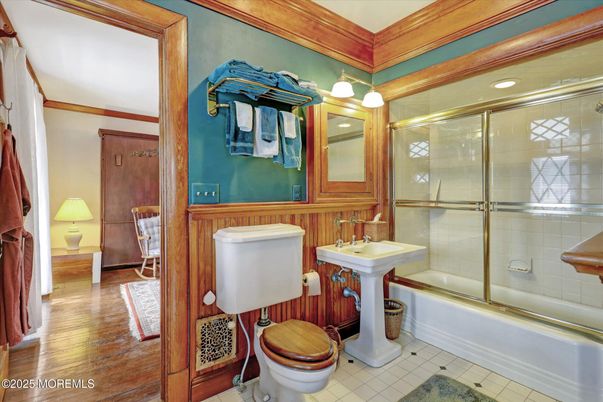 Bathroom, Glass Shower, Interior, Recessed Lighting, Wood Texture Flooring