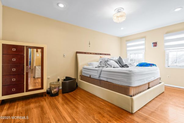 Bedroom, Chandelier, Interior, Recessed Lighting, Wood Texture Flooring