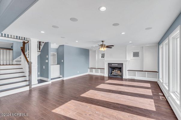 Empty room, Fireplace, Interior, Recessed Lighting, Wood Texture Flooring