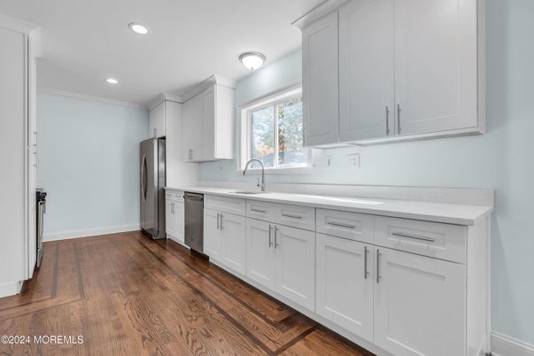 Interior, Kitchen, Recessed Lighting, Stainless Steel Appliances, Wood Texture Flooring