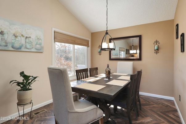 Dining room, Interior, Pendant Lights, Wood Texture Flooring