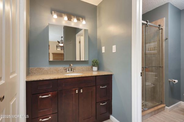 Bathroom, Glass Shower, Interior, Wood Texture Flooring