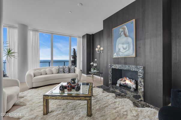 Fireplace, Interior, Living room, Recessed Lighting, Water, Wooden Walls