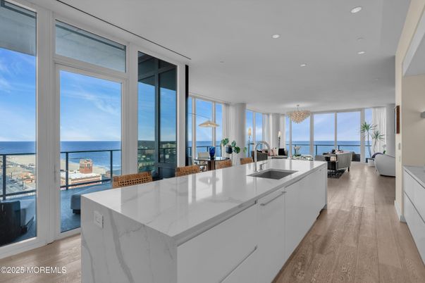 Dining room, Interior, Kitchen, Pendant Lights, Recessed Lighting, Water, Wood Texture Flooring