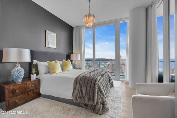 Bedroom, Chandelier, Interior, Water, Wood Texture Flooring