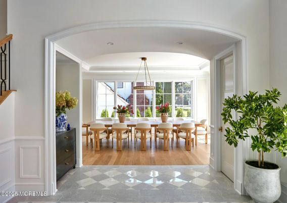 Dining room, Interior, Pendant Lights, Wood Texture Flooring