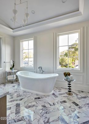 Bathroom, Free Standing Baths, Interior, Marble, Recessed Lighting