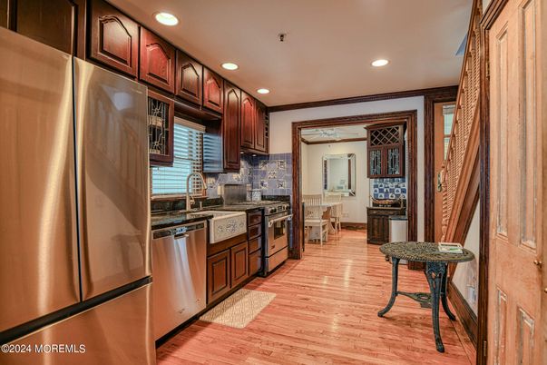 Interior, Kitchen, Recessed Lighting, Stainless Steel Appliances, Wood Texture Flooring