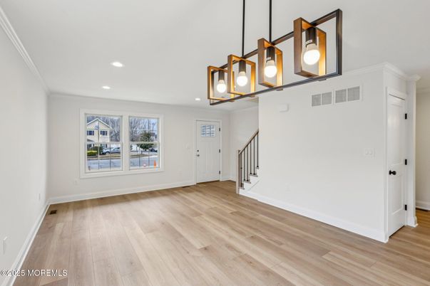 Empty room, Interior, Pendant Lights, Recessed Lighting, Wood Texture Flooring